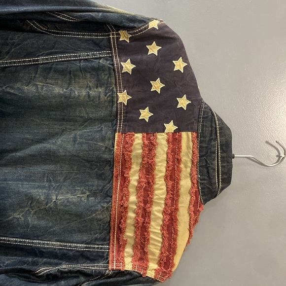 COPPER RIVET MEN'S USA STARS & STRIPES COTTON  DISTRESSED DENIM JACKET SIZE 2XL - Picture 8 of 10